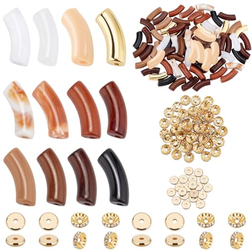 PH PandaHall 72 cuentas de bambú de tubo de 12 colores, cuentas de fideos curvados, cuentas de tubo acrílico con 50 cuentas espaciadoras redondas, 20 cuentas de disco plano para hacer pulseras,