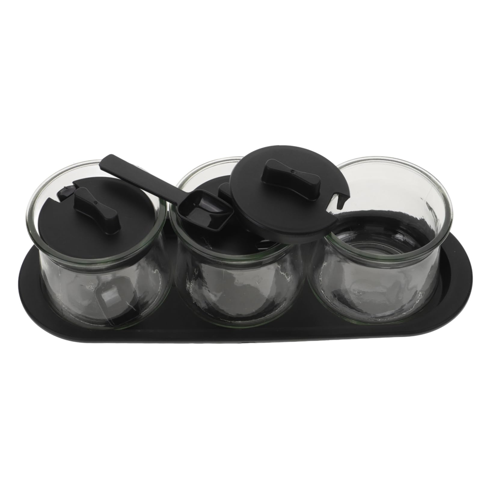 Ipetboom Set 3 Pezzi Barattoli per Spezie in Vetro Soda con Coperchio, Cucchiai e Vassoio, Design Trasparente Facile da Pulire per Cucina Pratica e Ordinata
