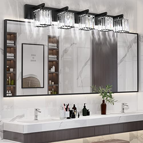 Image of Aipsun Bathroom Vanity Light Black Light Fixtures 5 Light Crystal Vanity Light Modern Bathroom Lighting (Exclude Bulb)