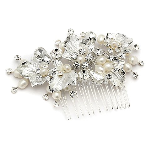 Mariell Couture Bridal Hair Comb with Hand Painted Silver Leaves, Freshwater Pearls and Crystals