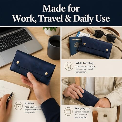Image of Leather Currency Pouch - Handmade Cash Organizer with Double Button Closure & Zipper Pocket, Compact Money Holder for Travel & Everyday Use, 4 x 8 Inch (Blue)
