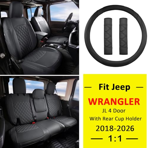 Image of GIANT PANDA Jeep Wrangler 4 Door JL 2018-2026 Full Set Car Seat Covers for Sahara Altitude Rubicon 392 Unlimited with Rear Cup Holder, Customized Faux Leather - (Black)