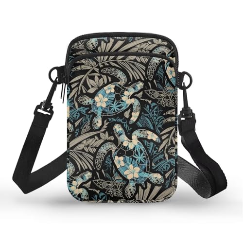 Image of Hawaiian Tribal Small Crossbody Bags for Women Cell Phone Bag Purse, Sea Turtle Zipper Sling Purses Shoulder Bag