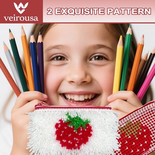 Image of veirousa Strawberry & Watermelon Latch Hook Pencil Case Kit for Adults Beginners, Flully Fruit DIY Craft Pencil Pouch for Girls Boys 2 Pack Set