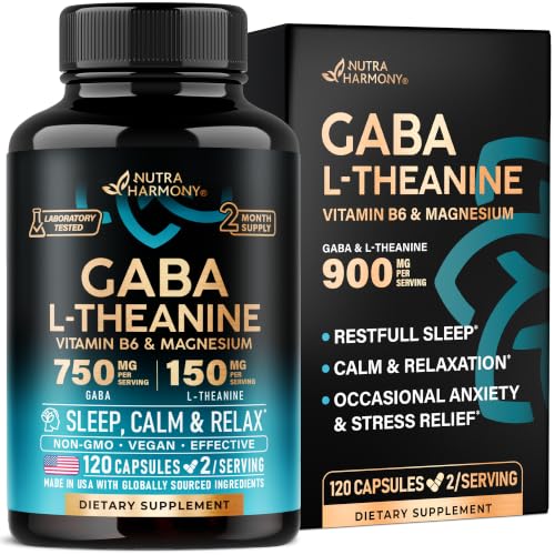 GABA L-Theanine 900 mg - Magnesium | Vitamin B6 - Calm Sleep Relaxation & Mood Support - Lab Tested - 750 mg Gamma AminoButyric Acid 150 mg L-Theanine - Non-Habit Forming Vegan - 120 Capsules