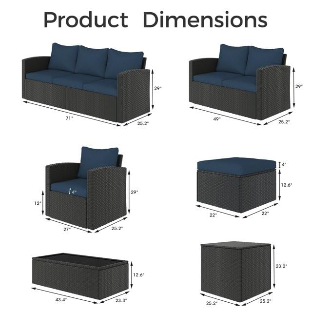 Image of 7 Seater Conversation Wicker Sofa Set with Center Table and Side Table, Outdoor Patio Furniture Set with Cushions for Poolside, Garden, Balcony, and Terrace.(Dark Brown and Nevy Blue)