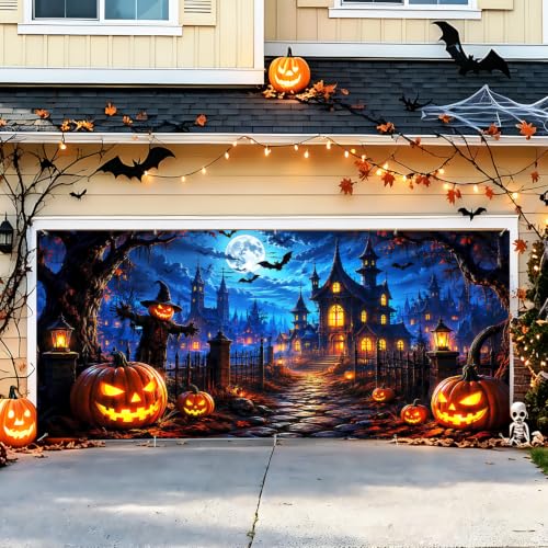 Image of Halloween Garage Door Decorations 7 x 16 ft, Pumpkin Manor Cover