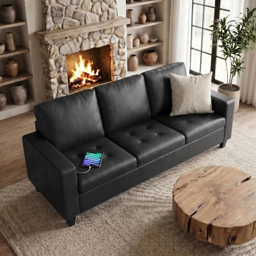 STHOUYN 73” Black Faux Leather Sofa Couch, Modern Comfy Office 3 Seater Couch Loveseat with Tufted Armrest and USB, Small Love Seat Couches for Living Room, Bedroom, Apartment