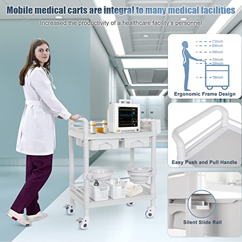 Medical Carts With Wheels 2 Tier Mobile Esthetician Cart 330 Lbs Load Hospital Trolley Cart For Ultrasound Scanner Utility Cart With Bucket Sharp Box Storage Basket For Beauty Salon Dental Clinic Home #TOP4