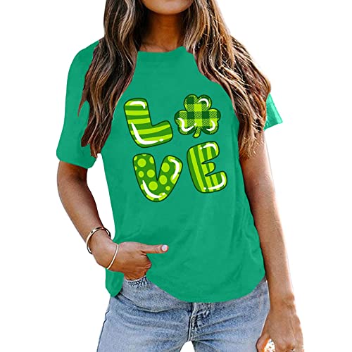 Womens Tshirts Shamrock Leopard Print Tees Crew Neck Loose Pullover Tops Ladies Saint Patrick Shamrock Casual Loose Clothing #TOP3