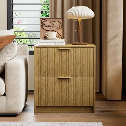 Image of Furniway Nightstands Set of 2, Fluted Nightstand with Gold Metal Handles and 2 Drawers, Modern Bedside Table, 18.5 inch Wide Wood End Table for Bedroom, Natural