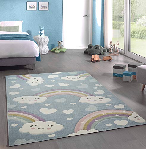 CARPETIA Alfombra Infantil Alfombra de Juego Arcoiris con Nubes Azul Größe 120 cm Rund