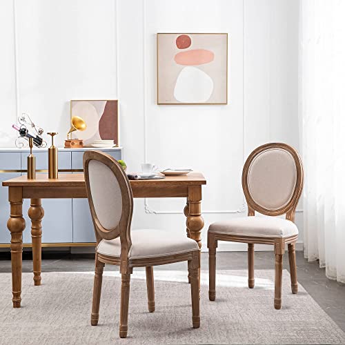Xrhom Dining Chairs French Upholstered Farmhouse Dining Room Chairs Linen Fabric Round Backrest Carving Solid Rubberwood Leg For Bedroom Kitchen Restaurant Chairs, Set Of 2, Beige #TOP5