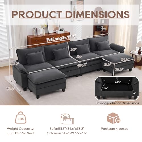 Image of IPKIG 151 inch Modular Cloud Couch with Storage, U Shaped Sectional Sofa with Ottoman & Pillow, Velvet Deep Seat Sectional Couches for Living Room, Apartment, Dark Grey