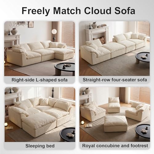 Image of Cloud Couch Sectional for Living Room, Modular L Shaped Boneless Sofa with Chaise, Compressed No Assembly Couch, Deep Seat Chenille Upholstered Convertible Sofa Bed(Pearl White)