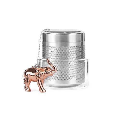 Elephant Tea Infuser Stainless Steel with Rose Gold Charm - Animal Tea Ball Strainer, Cute Reusable Loose Leaf Infuser w/Clip Chain & Glass Holder Gift for Tea Lovers