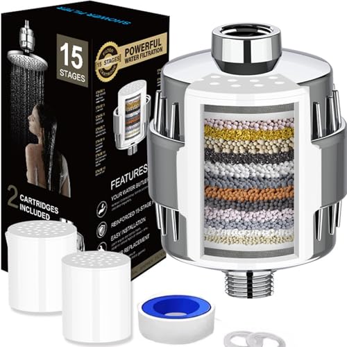 Filtro de ducha de vitamina C de 15 etapas para agua dura, elimina cloro, metales pesados y productos químicos, iones negativos, agradable a la piel, fácil instalación, filtro de cabezal de ducha de