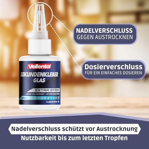 Sekundenkleber Glas extra stark - Glaskleber transparent wasserfest, hitzebeständig & mit Nadel Verschluss gegen Austrocknung - Glas Kleber zum Verkleben von Glas & Acrylglas aller Art