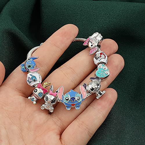 Anime Stitch Stainless Steel Bracelets - Kawaii Stitch Women Bracelet Pandora Charms Snake Chain Ohana Means Family Stitch Bracelet For Girls Women (Silver, 17Cm/6.7In) #TOP7