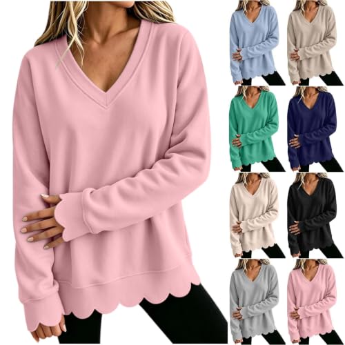 Oversized Pullover Sweaters for Women Casual Scalloped V Neck Tops | Scalloped Edge V neck Sweatshirt ,Relaxed Loose Fit,Lightweight Loungewear,Athletic Daily Trendy Fall Outfits - image 1