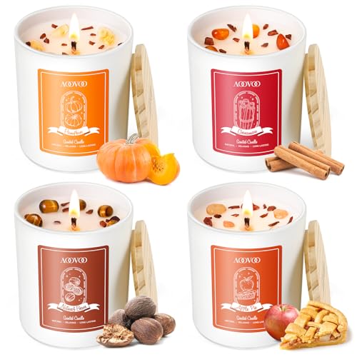 AOOVOO Fall Candles Set for Women - Aromatherapy Candle with Crystals Inside, 28 oz 200 Hour Long Lasting, 4 Pack Candles for Home Scented, Autumn Fragrance of Apple Pie/Cinnamon/Pumpkin/Nutmeg Beans