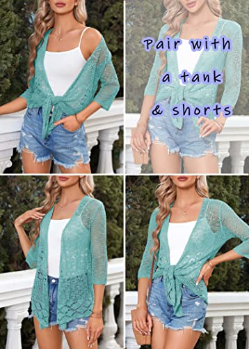 Image of Nulibenna Womens Sheer Shrug Sweaters 3 /4 Sleeve Open Front Tie Cardigan Bolero Jacket Lightweight Crochet Knit Cover Up Tops