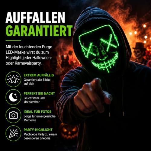 Costumed Halloween Maske Purge LED grün - Kostümmaske steuerbar für Halloween, Fasching & Karneval als Kostüm & Verkleidung für Herren &… – Ansicht 3