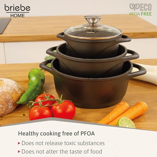 briebe Cookware Set 6 Piece, 3 Cast Aluminium Casseroles Dish Cast Aluminium, ILAG GRANITEC Non-Stick, Set of Pots and Lids Glass, Silicone Gloves, Ceramic Hob, Gas, Oven - Image 6