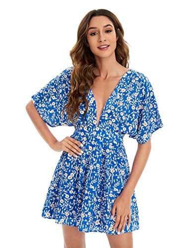 Image of Floerns Women's Tropical Floral Plunging V Neck Tie Open Back Summer Short Dress