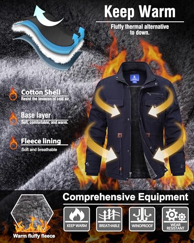 Image of Rapoo Men's Winter Jacket Cotton Work Military Jackets Fleece Lined Thick Warm Cargo Coats with Hooded