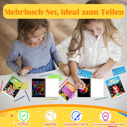 Elfew 24 Stück Kratzbilder Partymitgebsel für Kinder von 3, 4, 5, 6, 7, 8, Kratzkunstbuch für Kinder, Kratzbilder 24 Holzstiften und Bändern, Malschablonen für Party, Geschenke für Mädchen & Jungen