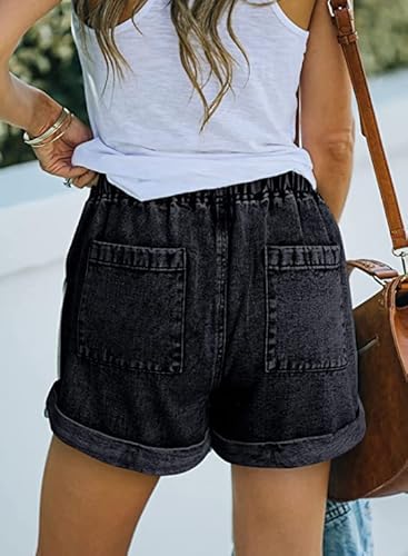 Smeng Womens Shorts Summer Hot Relaxed Fit Cuffed Denim Shorts For Women High Waisted With Drawstring Vintage And Classic Short Jeans Black L #TOP2