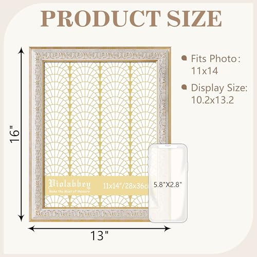 Image of VIOLABBEY 11x14 Picture Frame White, Vintage 11 x 14 Frames without Mat | Ornate Antique Frame, Wall Hanging or Tabletop Display, HD Plexiglass, Wall Decor
