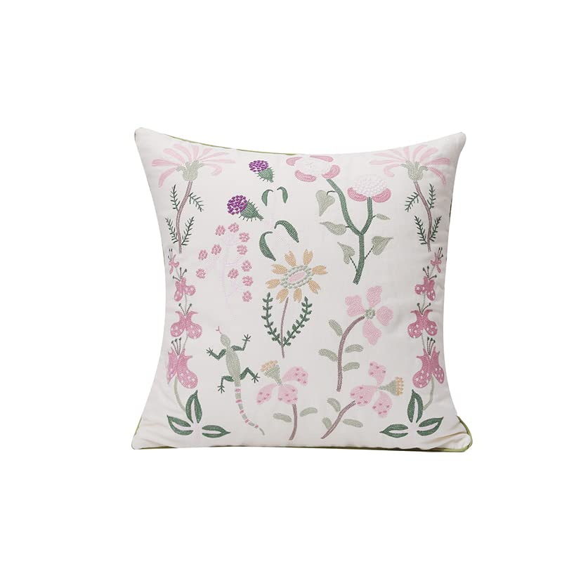Yeiotsy Embroidered Flowers Throw Pillow Cover Farmhouse Pillowcase Floral Decorative Cushion Pillow Case for Couch Sofa Bed Chair (Pink Flowers)