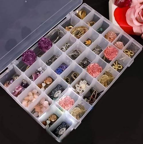 Image of XMART INDIA Plastic 36 Grid Cells Organizer Storage Box Jewellery Organisers Box Rectangular, With Adjustable Dividers, Transparent & Organiser For Jewelry Beads Earring, 25x15x5 cm