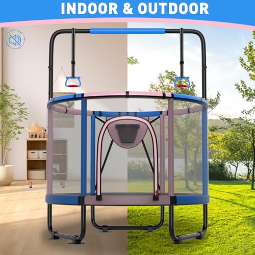 Trampoline for Kids 600LBS 4.5FT 5FT 5.5FT Toddler Indoor Outdoor with Safety Net, Swing, Adjustable Bar, 54'' 66'' Mini Small Trampoline with Basketball Hoop