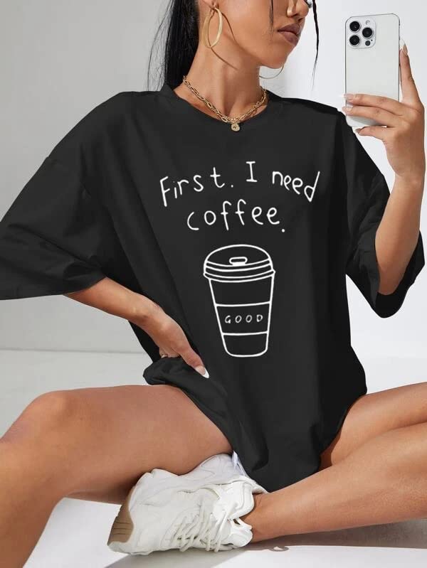 Image of MyTees Pure Cotton Oversized T Shirts for Women Casual Printed Baggy Oversized Round Neck Drop Shoulder Tshirt Black T-Shirt Size S to XL