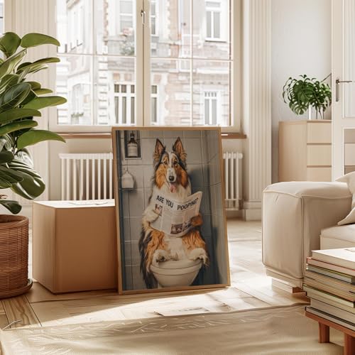 Image of Collie on Toilet Wood Framed Wall Art Print Poster, Dog Bathroom Humor Decor Posters Prints for Restroom Home Picture Painting Artwork Gallery 7 (Collie, 14 inchL x 11 inchW, Wood Frame)