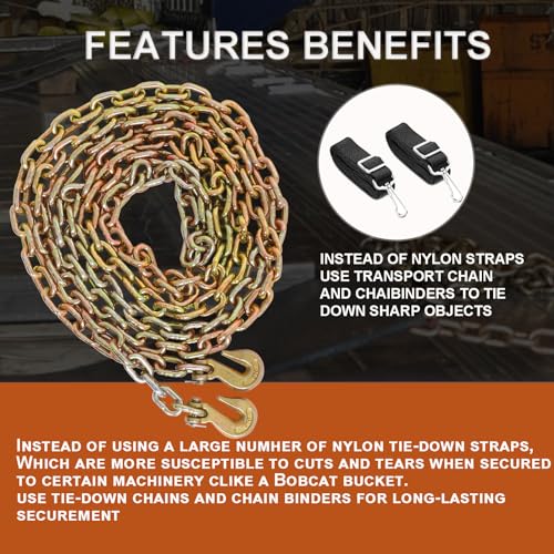 Image of 3 /8 Inch x 20FT G80 Transport Binder Chain Safety /Binder Chain with Clevis Grab Hooks 7,100 lbs Safe Working Load Logging Chain for Transporting Towing Tie Down Binding Equipment, Pack of 2