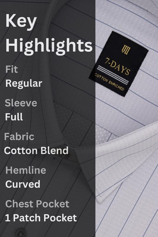 Image of 7-DAYS Men's Premium Striped Formal Shirt - Cotton Rich, Regular Fit, Full Sleeve, with Pocket, Wrinkle Resistant - Stylish Office & Everyday Wear.