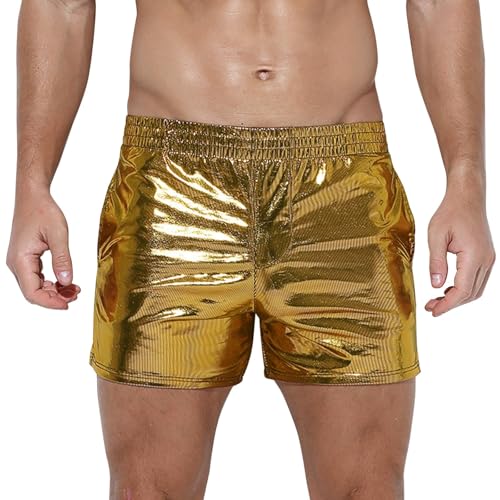 GENEMEN Pantalon Cortos Hombre Metalizado Shorts con Bolsillos Brillantes Vestidos Cortos de Fiesta Mallas Discoteca (Oro, M)