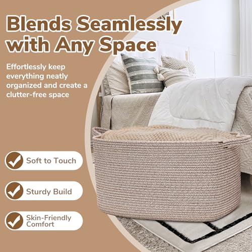Image of Goodpick Large Woven Rope Blanket Basket, Rectangle, Brown, 75L | 21.6'' x 14.9'' x 11.8'' Storage Basket for Blankets, Toys & Clothes, Living Room & Nursery Organization, Reinforced Handles