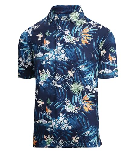 Damipow Mens Navy Palm Hawaiian Polo