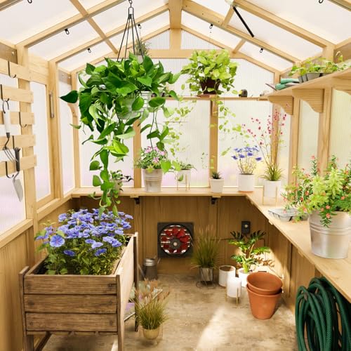 Image of EAGLE PEAK 6.7x7.8x7.7 ft Wood and Polycarbonate Walk-in Greenhouse, Cedar Hobby Green House with Roof Vent, Mesh Cover Included, Natural