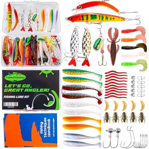 FONMANG Fishing Lures - Fishing Tackle kit with Fishing Spoons, Swim Bait, Jerk baits, Lure & Fishing Accessories, Bass Fishing Kit Also for Trout, Bluegill, Small Fishing Tackle Box for Freshwater
