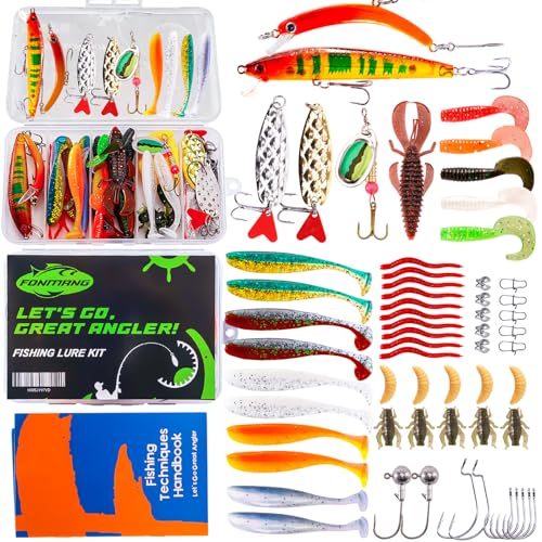 FONMANG Fishing Lures - Fishing Tackle kit with Fishing Spoons, Swim Bait, Jerk baits, Lure & Fishing Accessories, Bass Fishing Kit Also for Trout, Bluegill, Small Fishing Tackle Box for Freshwater