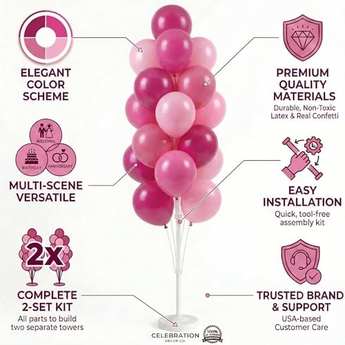 Image of HIINS 2 Set Pink Balloon Tower Stand,5FT with Water Fillable Base for Party