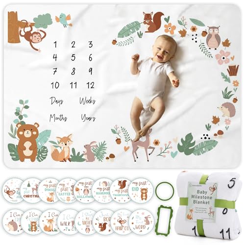 OSTANDRAFFE Monthly Milestone Blanket for Baby Boy or Girl Premium Soft Fleece Blanket First 12 Months Growth Chart Large Size 60 x 40 16 Milestone Stickers