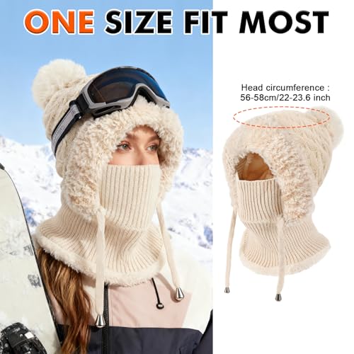 AYPOW Winter Mütze Damen mit Schal Gesichtsmaske, Thermo Strickmütze Balaclava mit Warme Fleecefutter Pompon, Weiches Dicke Beanie WintermüTZE Kapuzenschal Skimütze Hut für Outdoor