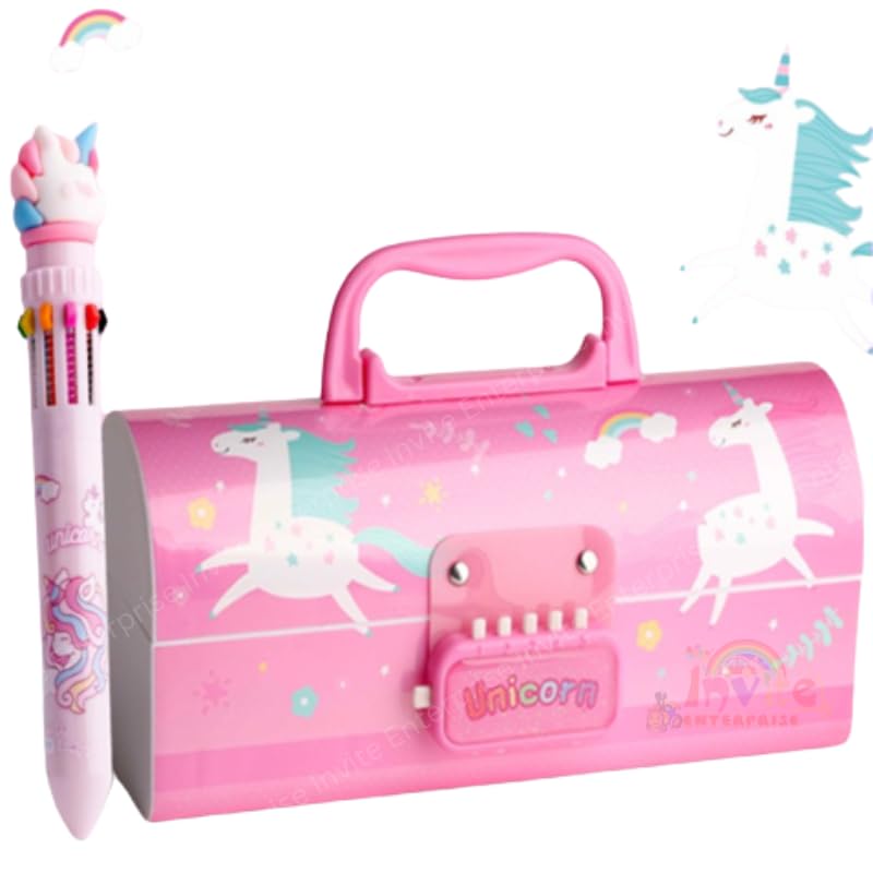 Invite Enterprise Plastic Children's Pen & Pencil Box: Suitcase-Style Password-Lock Multi-Layer Pencil Box For Boys And Girls, Stationery Organizer Case Gift For Children (Pink Unicorn Theme)